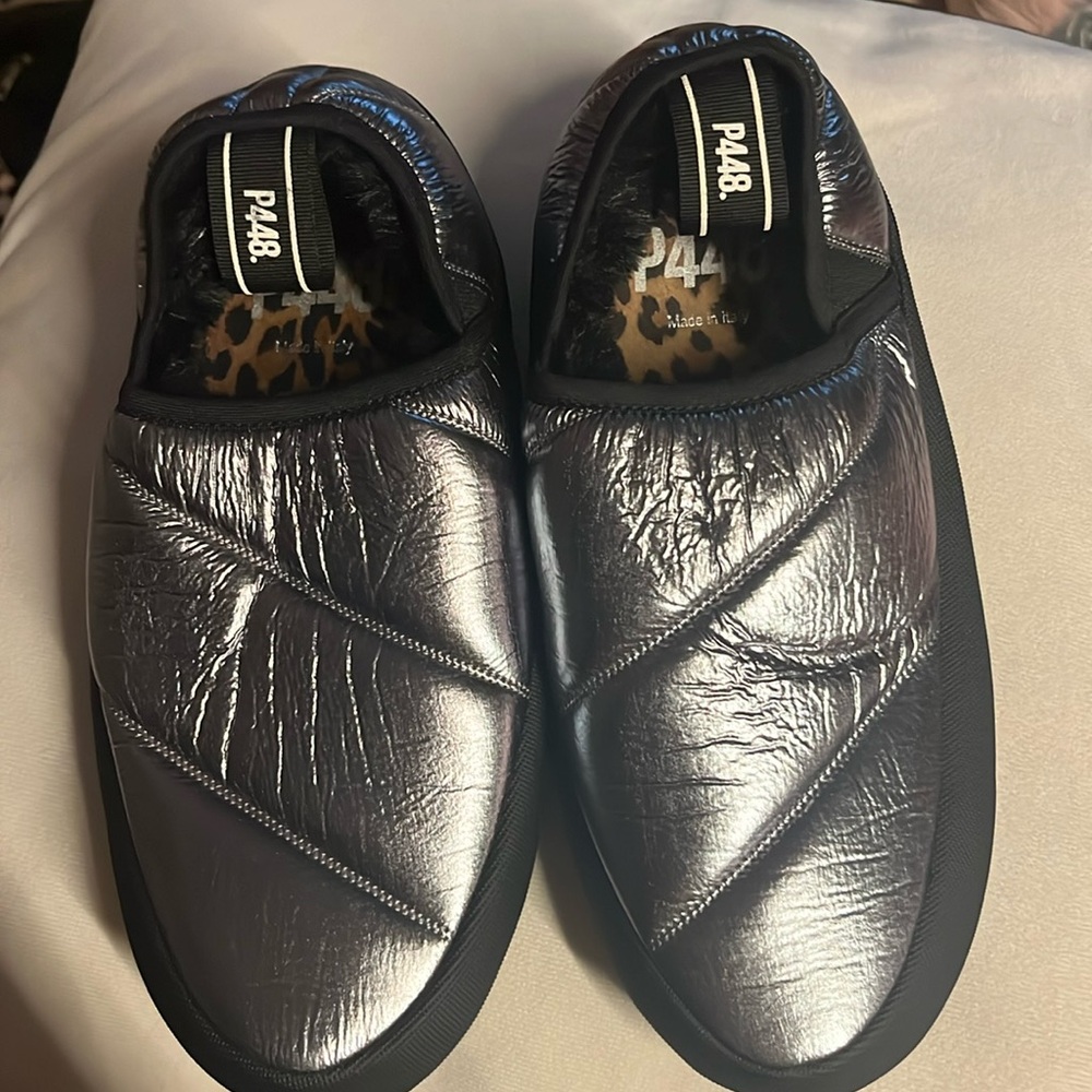 P448 Women’s Laby Slip-On Quilted Sneaker Slipper in Golnyl Metallic Silver